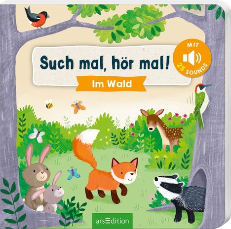 „Such mal, hör mal! Im Wald“ und „MIT 25 SOUNDS“. Illustration mit Fuchs, Hasen und Waldtieren.