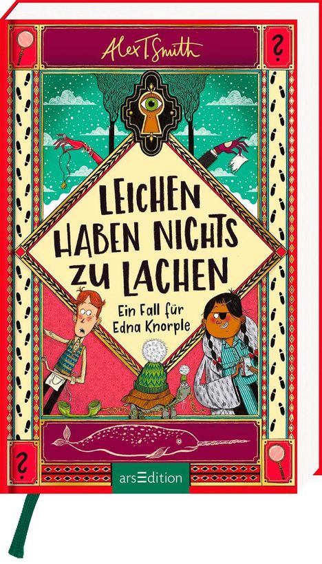 Text: „Leichen haben nichts zu lachen. Ein Fall für Edna Knorple.“ Illustration: Zwei Figuren, eine Schildkröte, Schlüssel-Loch-Deko.