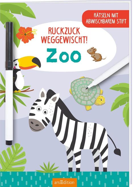 "Ruckzuck weggewischt! Zoo" und "Rätseln mit abwischbarem Stift". 

Illustration: Zebra, Papagei, Schildkröte, Maus, Blätter.