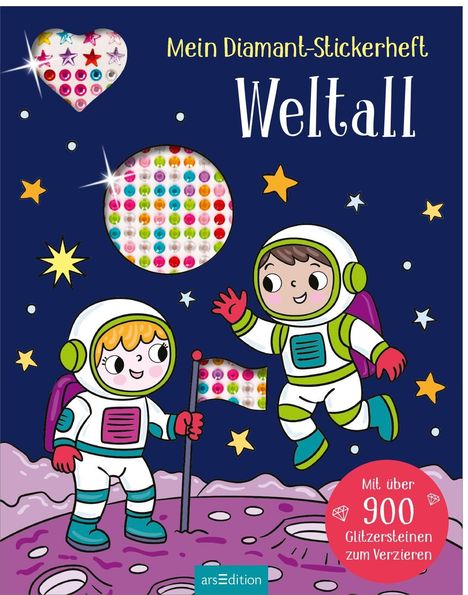 "Mein Diamant-Stickerheft Weltall." Zwei Astronautenkinder, Sterne, bunte Sticker, lila Mondlandschaft, eine Flagge mit Glitzersteinen.