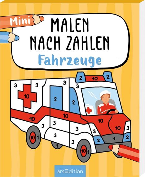 "Malen nach Zahlen: Fahrzeuge" steht auf einem Buchcover mit einem bemalbaren Krankenwagen.