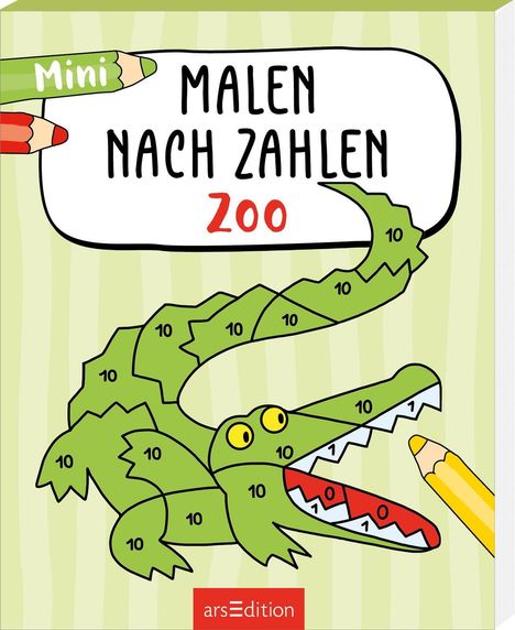 "Mini Malen nach Zahlen Zoo" in einer Sprechblase, Krokodil mit nummerierten Flächen, bunt umrandet von Buntstiften.