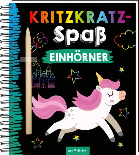 „KRITZKRATZ-SPAß EINHÖRNER“, bunter Text, eine Illustration mit einem springenden Einhorn vor einem dunklen Hintergrund.