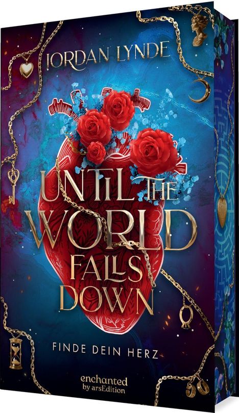 "Until the World Falls Down" und "Finde dein Herz" in Gold vor einem blauen Hintergrund mit rotem Herz und Rosen.