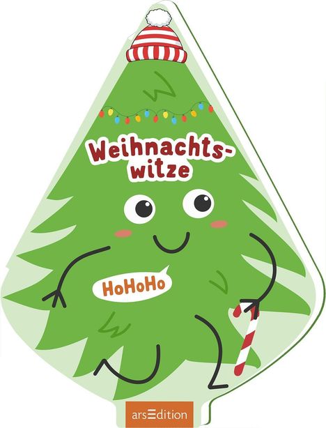 "Weihnachtswitze", "HoHoHo". Eine gemalte Tanne mit Augen, Mund, Weihnachtsmütze und Zuckerstange.