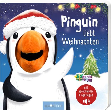 „Pinguin liebt Weihnachten“ steht über einem fröhlichen Pinguin mit roter Mütze, beleuchtetem Baum und Geschenken.