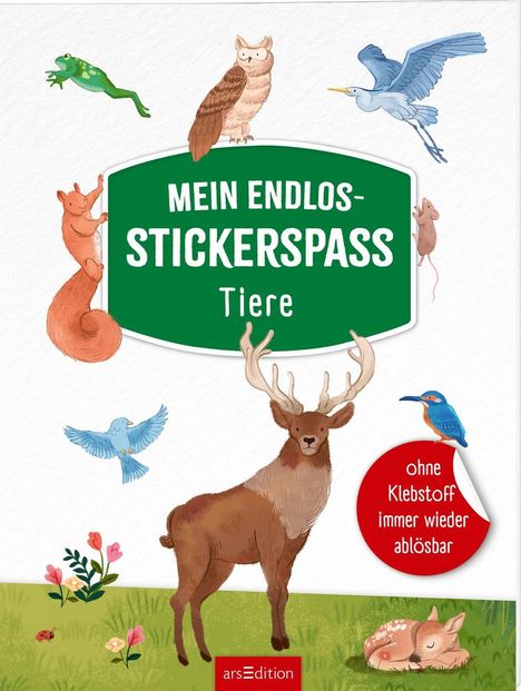 "Mein Endlos-Stickerspaß Tiere. Ohne Klebstoff immer wieder ablösbar." Illustration von Waldtieren mit Hirsch.