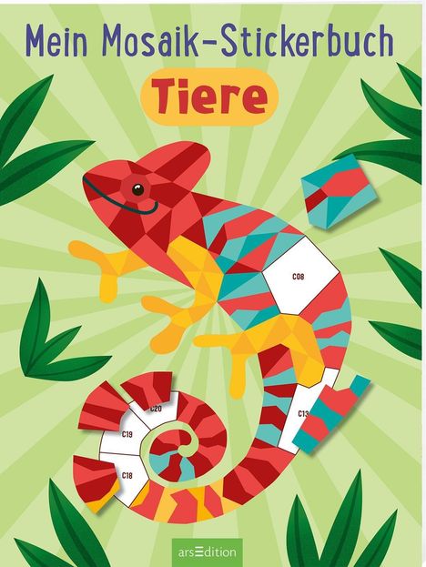 "Mein Mosaik-Stickerbuch Tiere". Ein buntes Chamäleon aus Mosaikstücken auf grünem Hintergrund.