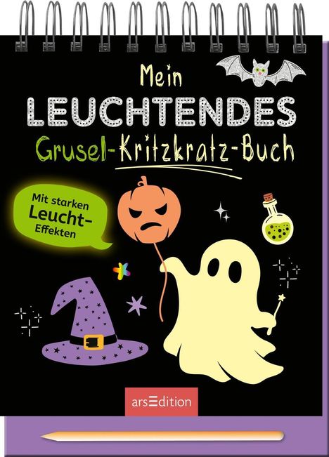 "Mein Leuchtendes Grusel-Kritzkratz-Buch. Mit starken Leucht-Effekten." Ein Geist, Kürbis, Hexenhut und leuchtende Symbole.