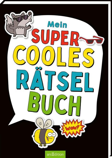 "Mein super cooles Rätselbuch" steht groß in bunten Buchstaben. Ein Cartoon-Hund und eine Biene sind sichtbar.