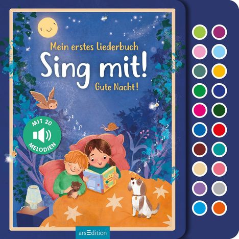 „Mein erstes Liederbuch Sing mit! Gute Nacht!“ Eine Illustration von zwei Kindern im Bett mit einem Hund.