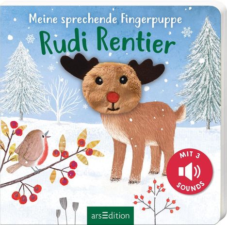 "Meine sprechende Fingerpuppe Rudi Rentier" steht über einem winterlichen Bild mit Rentier und Vögeln, schneebedeckt.