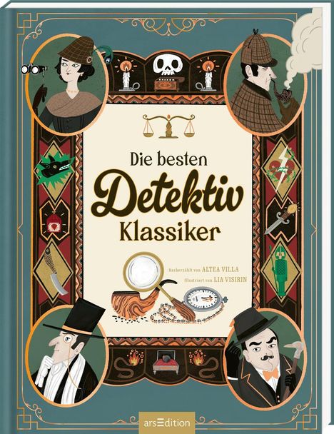 Titel: "Die besten Detektiv Klassiker". Illustration zeigt Detektive mit klassischen Attributen wie Pfeifen und Lupen.