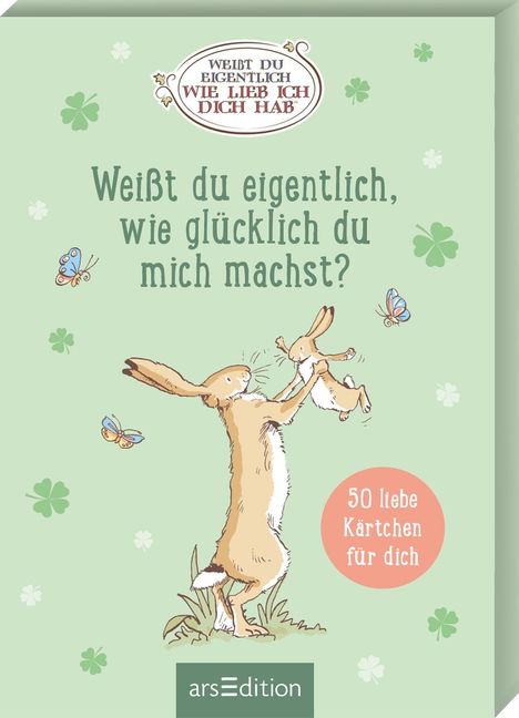 "Weißt du eigentlich, wie glücklich du mich machst?" Illustration: Ein großer Hase hebt einen kleinen Hasen.