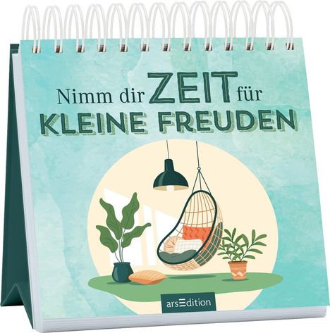 „Nimm dir Zeit für kleine Freuden“. Illustration eines gemütlichen Zimmers mit Hängesessel und Pflanzen.