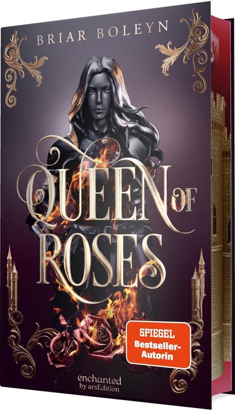 "QUEEN OF ROSES", "SPIEGEL Bestseller-Autorin". Eine glänzende Ritterin mit flammenden Rosen, reich verziertem Rahmen.