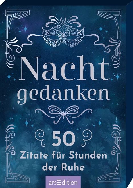 "Nachtgedanken. 50 Zitate für Stunden der Ruhe." Verzierungen und Maske vor sternenklarem Hintergrund.