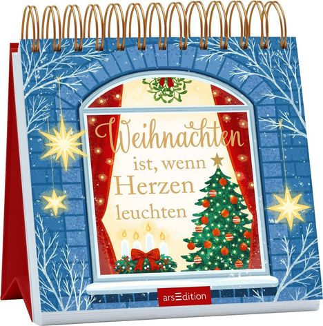 "Weihnachten ist, wenn Herzen leuchten." Illustration mit Tannenbaum, Kerzen, Fenster und Sternen.