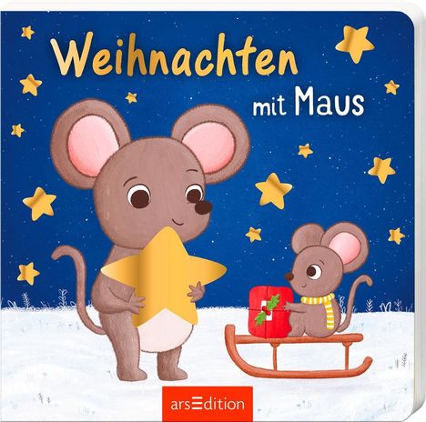 "Weihnachten mit Maus." Zwei Mäuse, eine hält einen gelben Stern, die andere sitzt auf einem Schlitten mit Geschenk, Sterne im Hintergrund.