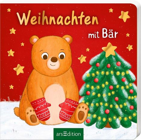 "Weihnachten mit Bär" ist in großen Buchstaben geschrieben. Ein fröhlicher Bär mit roten Handschuhen sitzt neben einem geschmückten Weihnachtsbaum.