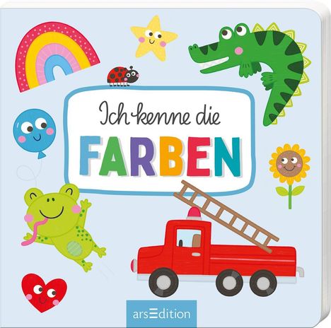"Ich kenne die FARBEN" in bunten Buchstaben. Illustration mit Regenbogen, Stern, Krokodil, Frosch, Feuerwehrwagen.