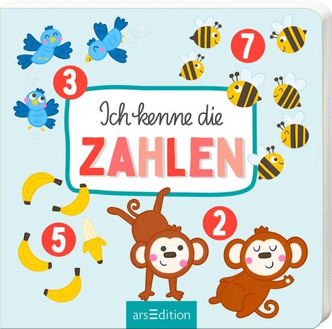 "Ich kenne die Zahlen" in der Mitte, mit "ZAHLEN" in Rot. Illustrationen von Tieren und Zahlen: Vögel, Bienen, Bananen, Affen.