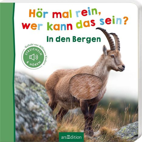 „Hör mal rein, wer kann das sein? In den Bergen.“ Illustration einer Gämse mit streichelbarer Fellfläche.