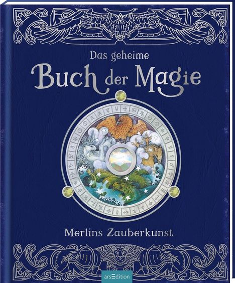 „Das geheime Buch der Magie“, „Merlins Zauberkunst“. Illustration: magisches Rad mit Tieren und mystischen Symbolen.