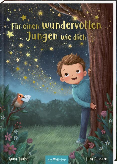 Text: "Für einen wundervollen Jungen wie dich". Ein Junge schaut hinter einem Baum hervor, ein Vogel mit Brief sitzt auf einem Ast.