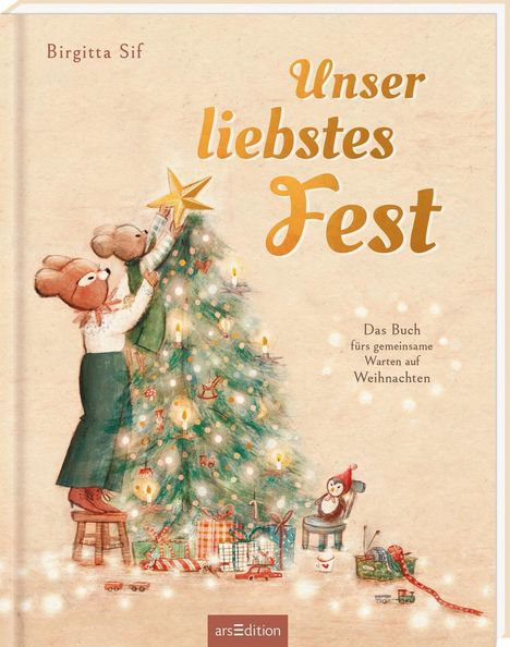 "Unser liebstes Fest" zeigt zwei Bärenfiguren, die einen Weihnachtsbaum schmücken.
