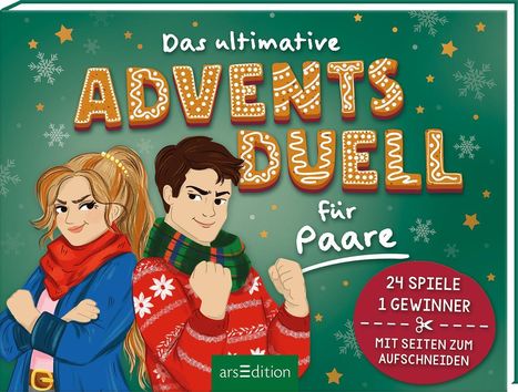 „Das ultimative Adventsduell für Paare“, Illustration mit entschlossenen Personen in Winterkleidung.