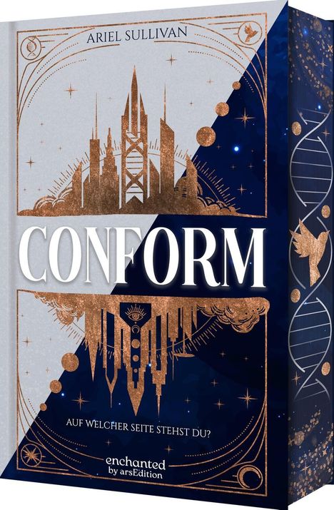 "CONFORM" in Weiß auf blauem Hintergrund, umgeben von goldenen geometrischen und himmlischen Mustern.