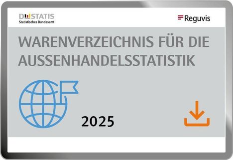"Warenverzeichnis für die Außenhandelsstatistik 2025." Links ein blaues Globus-Symbol, rechts ein oranges Download-Symbol.