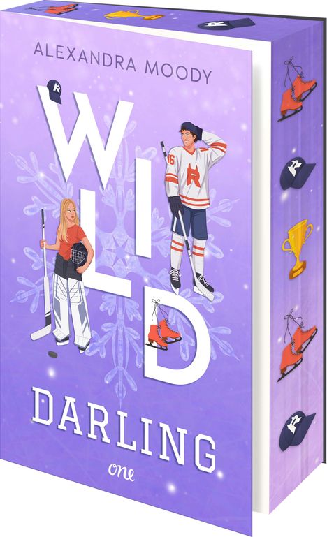 „WILD DARLING one“ in Weiß auf lila Hintergrund, zwei Eishockey-Spieler, eine Frau mit Schläger und ein Mann in Trikot.