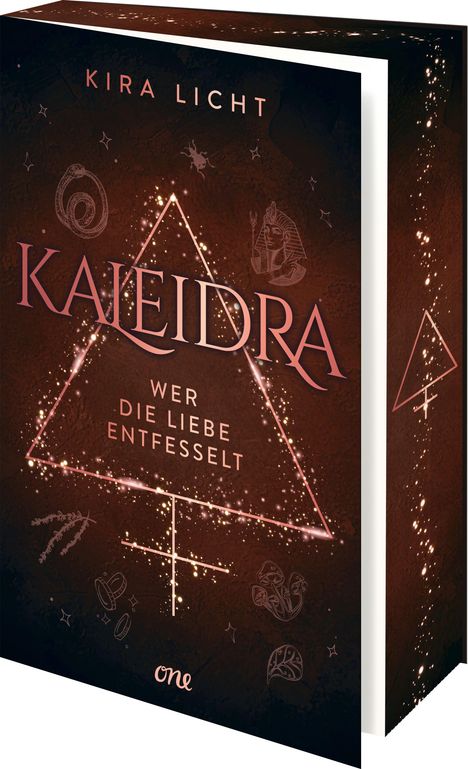 "Kaleidra: Wer die Liebe entfesselt" von Kira Licht. Illustration mit mystischen Symbolen, Dreieck und Glanzpunkten.