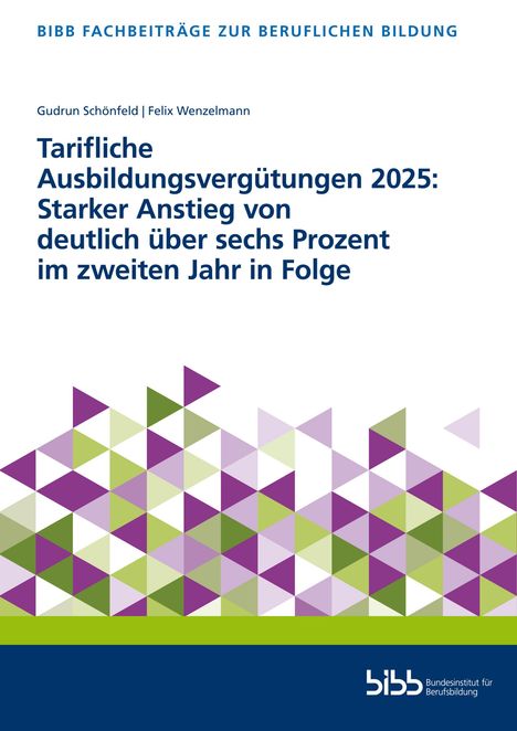 Text in Blau: Tarife steigen 2025 über sechs Prozent. Geometrisches Muster aus farbigen Dreiecken unten. BIBB-Logo.