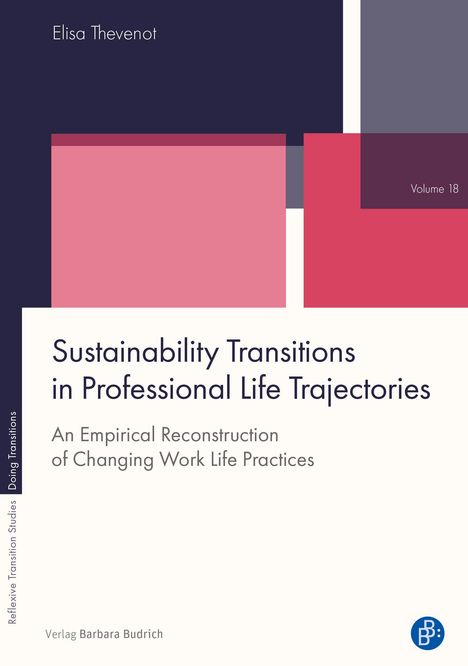 Text: "Sustainability Transitions in Professional Life Trajectories." Farben: Dunkelblau, Rosa. Verlag: Barbara Budrich.
