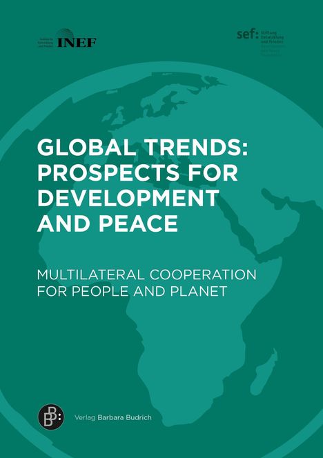 GLOBAL TRENDS: PROSPECTS FOR DEVELOPMENT AND PEACE. Artikel mit Weltkarte im Hintergrund, Verlagslogo unten.