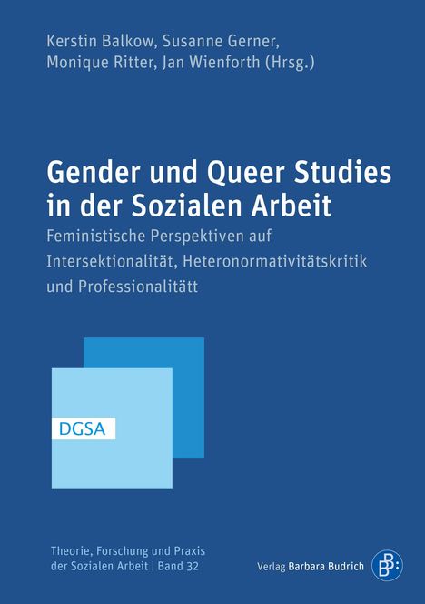 "Gender und Queer Studies in der Sozialen Arbeit" in weißen Buchstaben auf blauem Hintergrund mit geometrischen Formen.