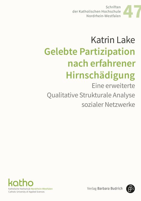Text: "Gelebte Partizipation nach erfahrener Hirnschädigung." Unten links: Logo der Katholischen Hochschule Nordrhein-Westfalen.