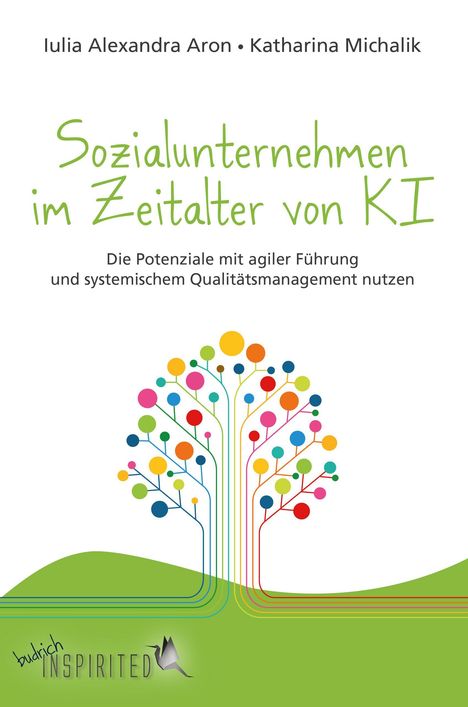 „Sozialunternehmen im Zeitalter von KI“, bunte Baumillustration mit kreisförmigen Blättern auf grünem Hügel.