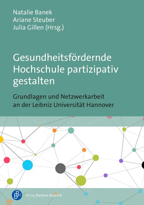 „Gesundheitsfördernde Hochschule partizipativ gestalten“ steht auf grünem Hintergrund. Darunter bunte Netzlinien.