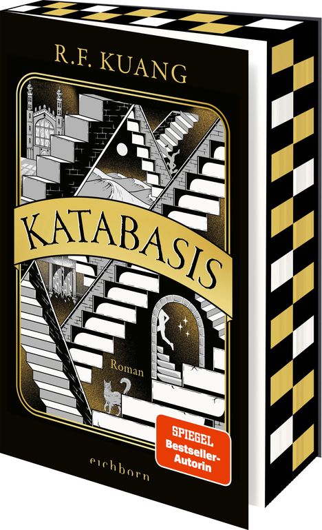 Texts: R.F. Kuang, Katabasis, Roman. Illustration: Verschiedene Treppen in surrealem Stil, Katze unten links.