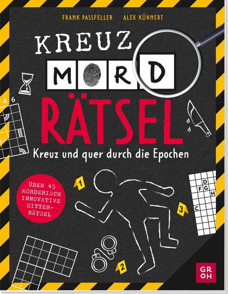 „Kreuz Wort Rätsel“ mit „Mord“ hervorgehoben durch Fingerabdruck. Illustrationen von Schachbrett und Kreidefigur.