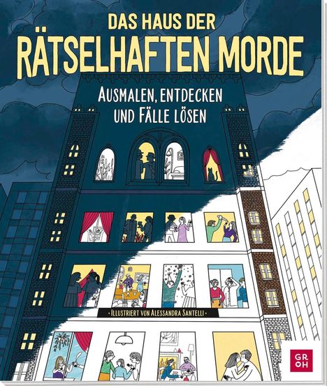 "Das Haus der Rätselhaften Morde. Ausmalen, entdecken und Fälle lösen. Illustriert von Alessandra Santelli." Gebäudeillustration.