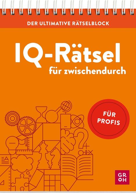 "IQ-Rätsel für zwischendurch", "Der ultimative Rätselblock", "Für Profis", orange Hintergrund, diverse Symbole.