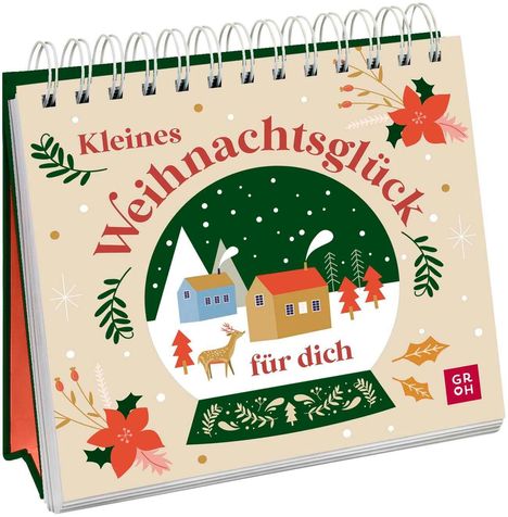 "Kleines Weihnachtsglück für dich" steht auf einem Kalender, verziert mit winterlichen Häuschen und Weihnachtsmotiven.