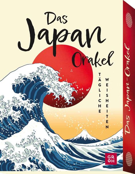 "Das Japan Orakel: Tägliche Weisheiten". Illustration: Große Welle vor rotem Sonnenkreis, Berg im Hintergrund. GROH Logo.