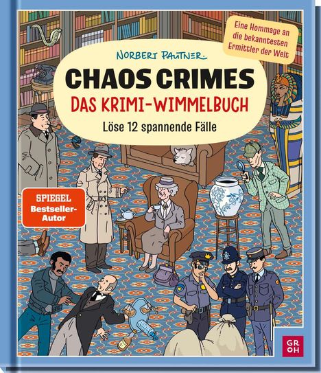 „CHAOS CRIMES: DAS KRIMI-WIMMELBUCH“ löse 12 spannende Fälle. Illustration einer belebten Ermittlerszene.
