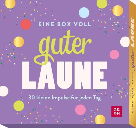 "EINE BOX VOLL guter LAUNE, 30 kleine Impulse für jeden Tag." Bunte Punkte auf lila Hintergrund, kleines rotes Logo unten rechts.